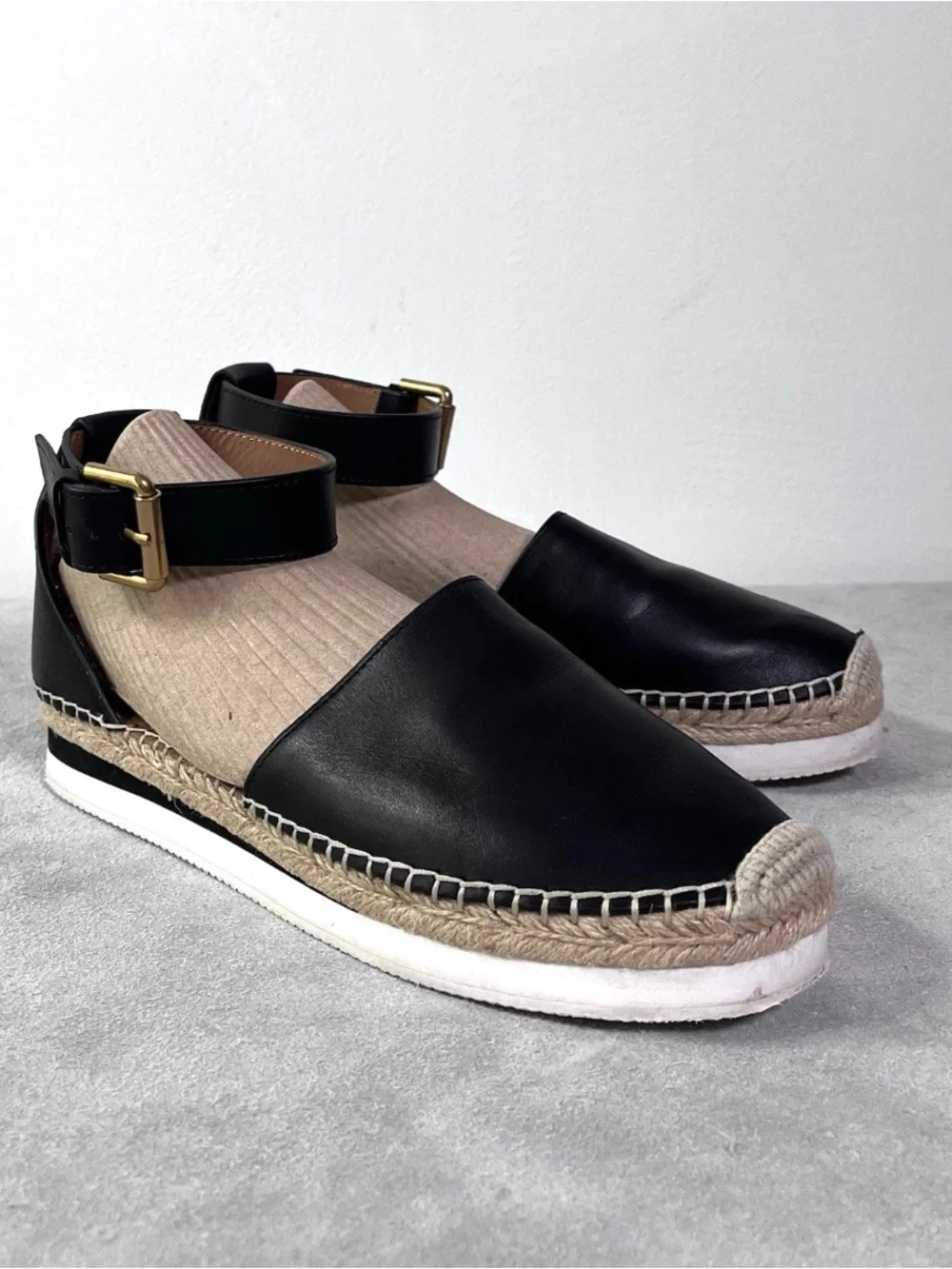See By Chloe Glyn Espadrille Sandals Size 39 US8.5 Black Leather Ankle Strap